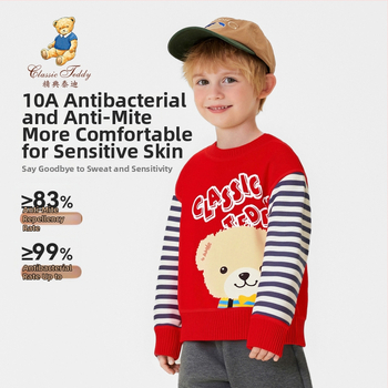 Dječji pleteni pulover s crtanim motivom i patchwork prugama, pamuk mješavina 57% pamuka, jesen–zima