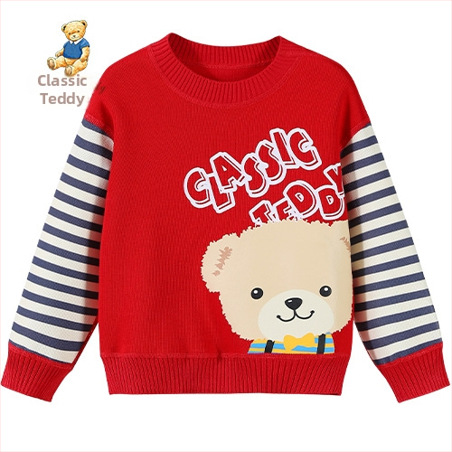 Dječji pleteni pulover s crtanim motivom i patchwork prugama, pamuk mješavina 57% pamuka, jesen–zima