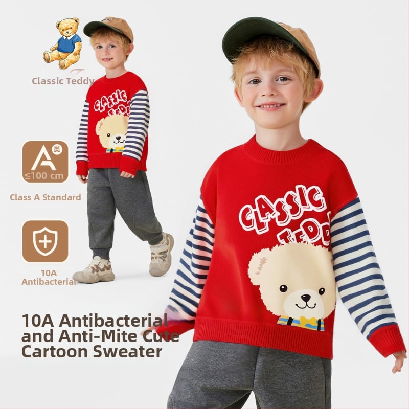 Dječji pleteni pulover s crtanim motivom i patchwork prugama, pamuk mješavina 57% pamuka, jesen–zima