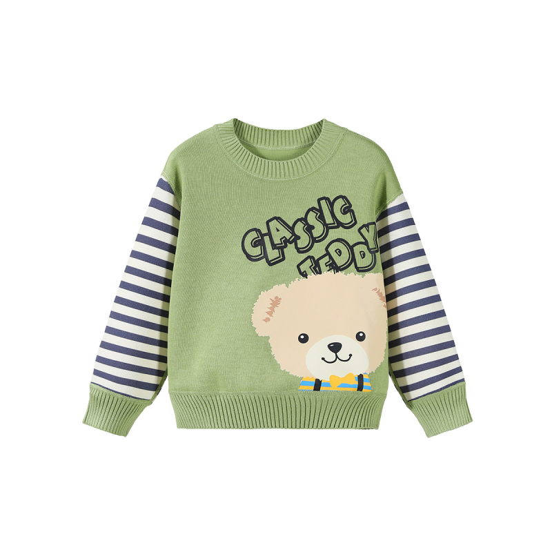 Dječji pleteni pulover s crtanim motivom i patchwork prugama, pamuk mješavina 57% pamuka, jesen–zima