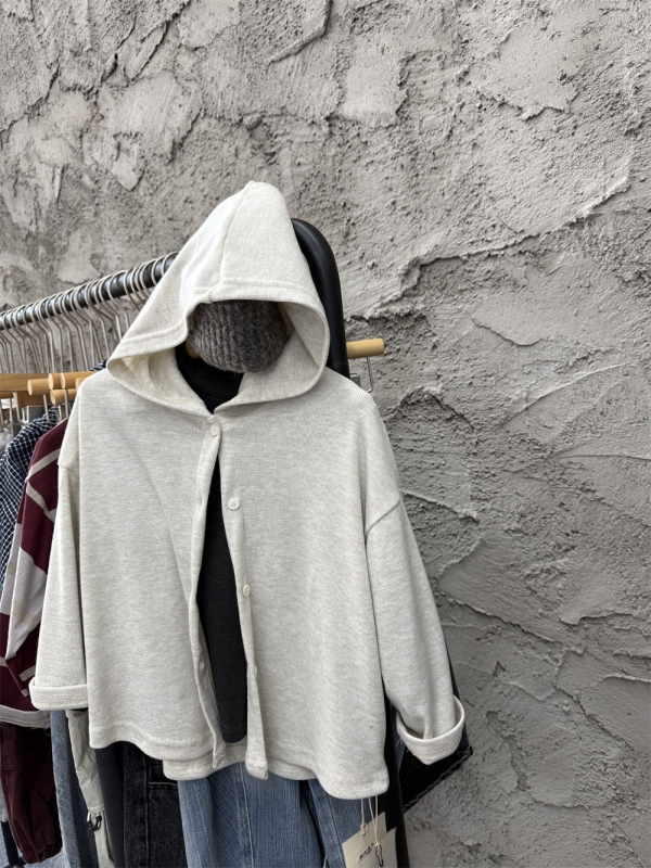 Cardigan tricotat cu glugă pentru copii – stil coreean, unisex, material moale, închidere cu nasturi într-un singur rând, toamnă-iarnă