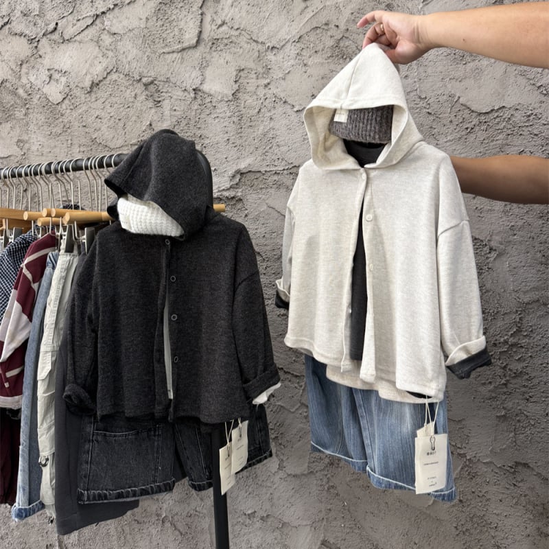 Cardigan tricotat cu glugă pentru copii – stil coreean, unisex, material moale, închidere cu nasturi într-un singur rând, toamnă-iarnă