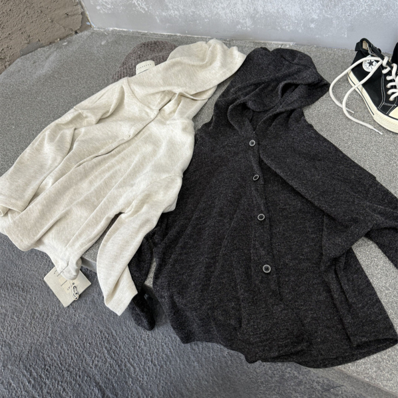 Cardigan tricotat cu glugă pentru copii – stil coreean, unisex, material moale, închidere cu nasturi într-un singur rând, toamnă-iarnă