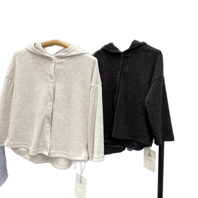 Cardigan tricotat cu glugă pentru copii – stil coreean, unisex, material moale, închidere cu nasturi într-un singur rând, toamnă-iarnă