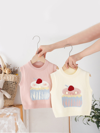 Vesta tricotată pentru fete, fără mâneci, cu guler rotund, model cartoon, 50% acrilic