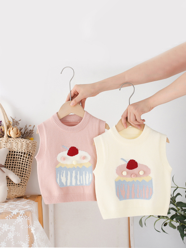 Vesta tricotată pentru fete, fără mâneci, cu guler rotund, model cartoon, 50% acrilic