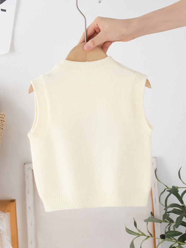 Vesta tricotată pentru fete, fără mâneci, cu guler rotund, model cartoon, 50% acrilic