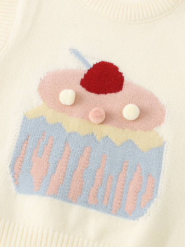 Vesta tricotată pentru fete, fără mâneci, cu guler rotund, model cartoon, 50% acrilic