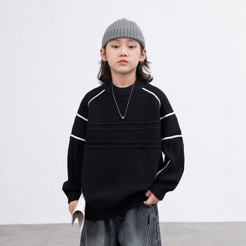 Pulover pentru copii băieți, croială lejeră, mâneci lungi, guler rotund, amestec acrilic-nylon-PBT