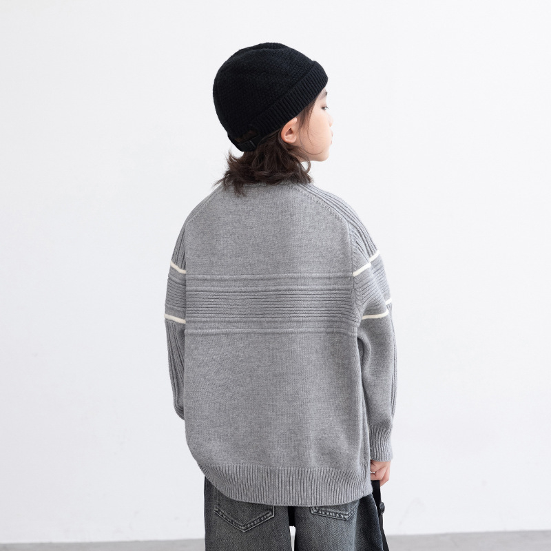 Pulover pentru copii băieți, croială lejeră, mâneci lungi, guler rotund, amestec acrilic-nylon-PBT