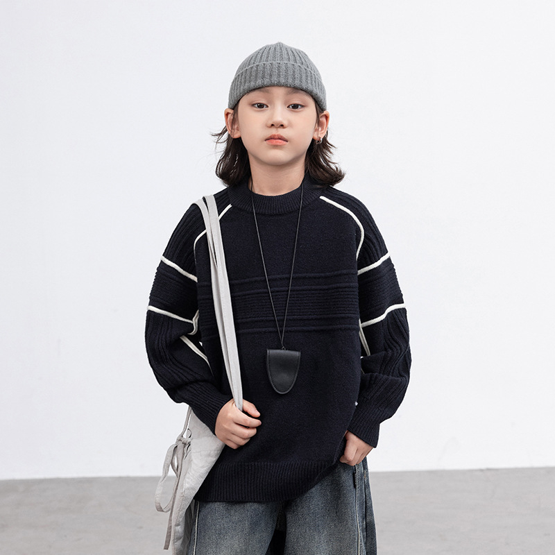 Pulover pentru copii băieți, croială lejeră, mâneci lungi, guler rotund, amestec acrilic-nylon-PBT