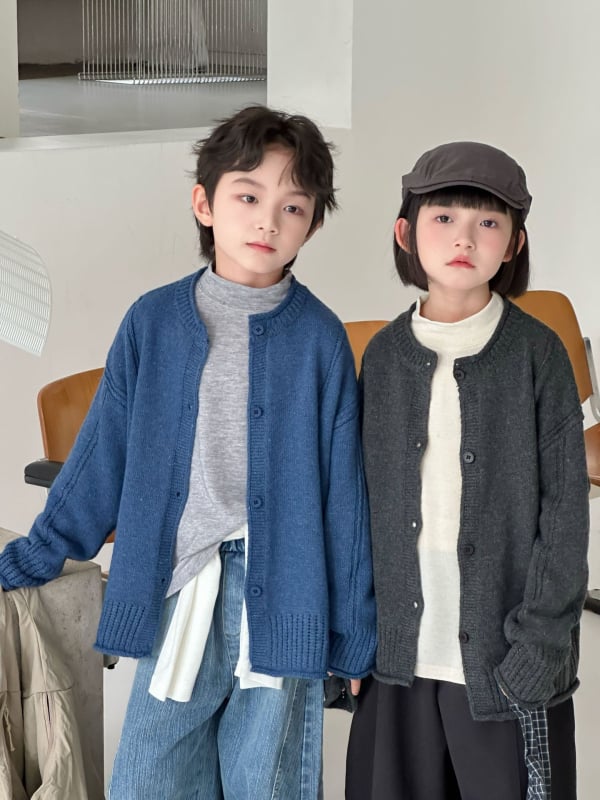 Cardigan tricotat pentru copii, stil coreean - pulover cardigan cu guler rotund, mâneci lungi, model solid, tricot fin de lână