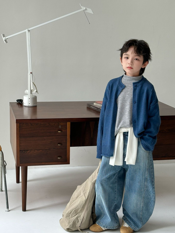 Cardigan tricotat pentru copii, stil coreean - pulover cardigan cu guler rotund, mâneci lungi, model solid, tricot fin de lână