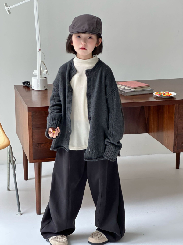 Cardigan tricotat pentru copii, stil coreean - pulover cardigan cu guler rotund, mâneci lungi, model solid, tricot fin de lână