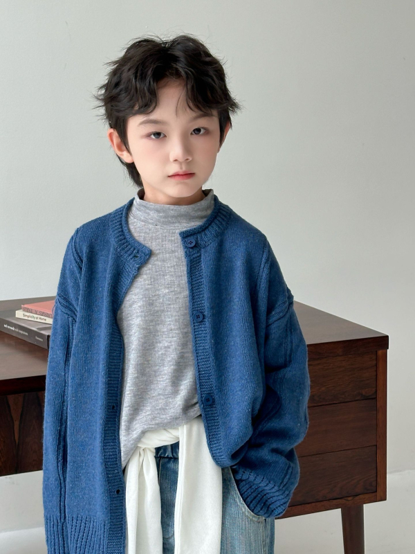 Cardigan tricotat pentru copii, stil coreean - pulover cardigan cu guler rotund, mâneci lungi, model solid, tricot fin de lână