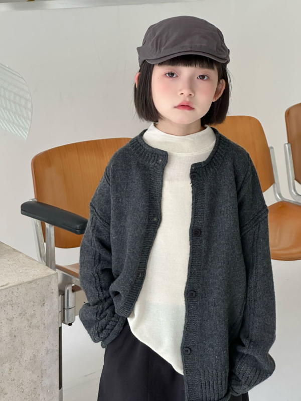 Cardigan tricotat pentru copii, stil coreean - pulover cardigan cu guler rotund, mâneci lungi, model solid, tricot fin de lână