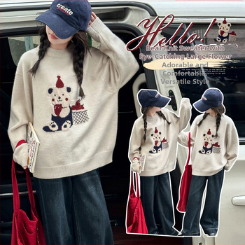 Pulover tricotat pentru fete, stil coreean, toamnă–iarnă, mâneci lungi, amestec lână-poliester 50%, pentru copii peste 8 ani