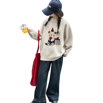 Pulover tricotat pentru fete, stil coreean, toamnă–iarnă, mâneci lungi, amestec lână-poliester 50%, pentru copii peste 8 ani