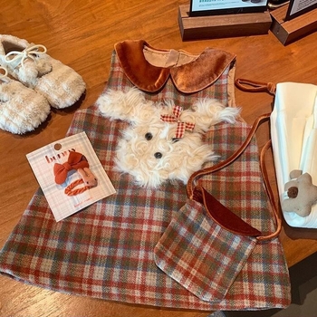 Rochie de prințesă pentru copii, mâneci lungi, țesătură din bumbac în carouri, sezon de iarnă