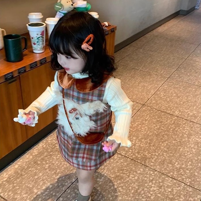 Rochie de prințesă pentru copii, mâneci lungi, țesătură din bumbac în carouri, sezon de iarnă