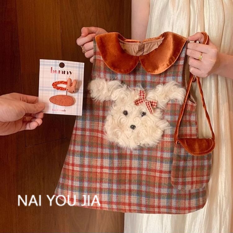 Rochie de prințesă pentru copii, mâneci lungi, țesătură din bumbac în carouri, sezon de iarnă