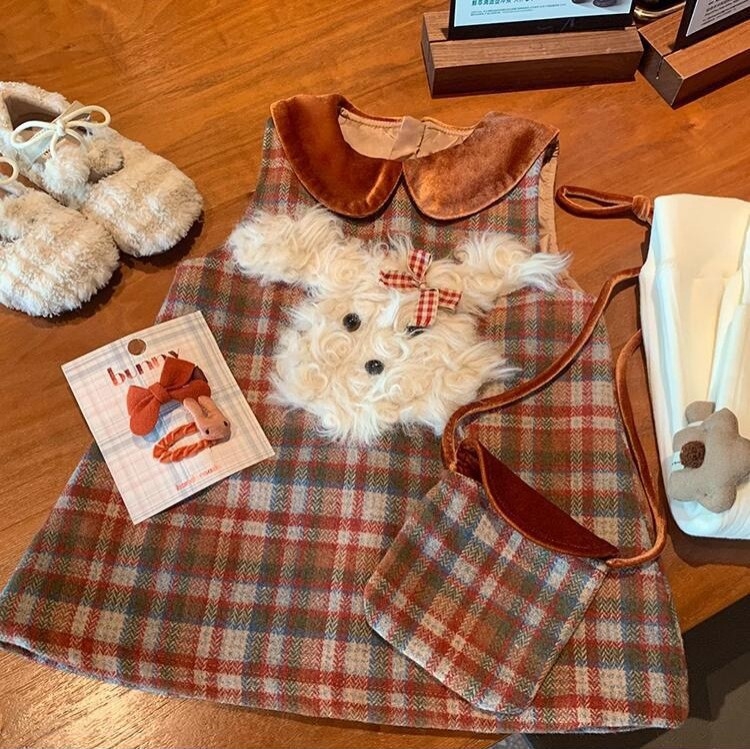 Rochie de prințesă pentru copii, mâneci lungi, țesătură din bumbac în carouri, sezon de iarnă