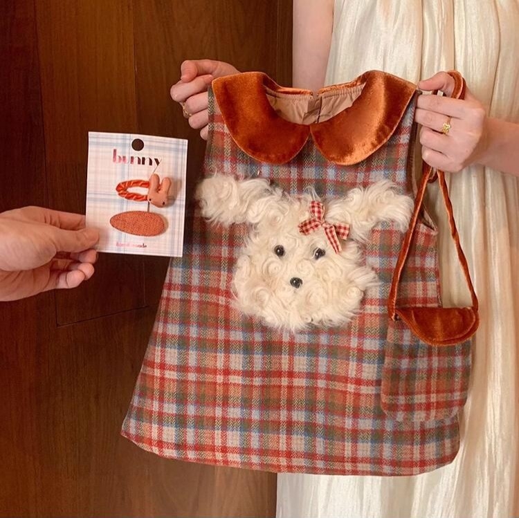 Rochie de prințesă pentru copii, mâneci lungi, țesătură din bumbac în carouri, sezon de iarnă