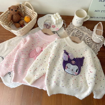 Pulover tricotat pentru fetițe, stil coreean, mâneci lungi, model desene animate, material din blană de iepure, pentru nou-născuți 0–12 luni