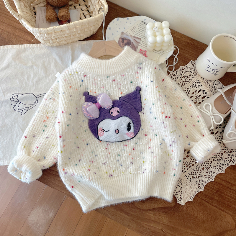 Pulover tricotat pentru fetițe, stil coreean, mâneci lungi, model desene animate, material din blană de iepure, pentru nou-născuți 0–12 luni