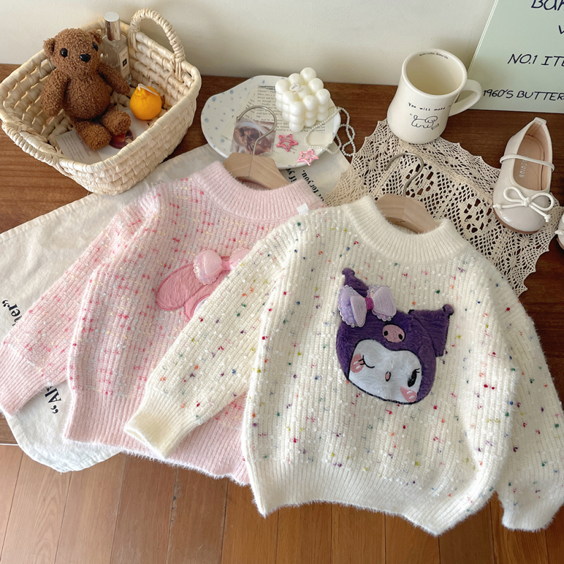 Pulover tricotat pentru fetițe, stil coreean, mâneci lungi, model desene animate, material din blană de iepure, pentru nou-născuți 0–12 luni