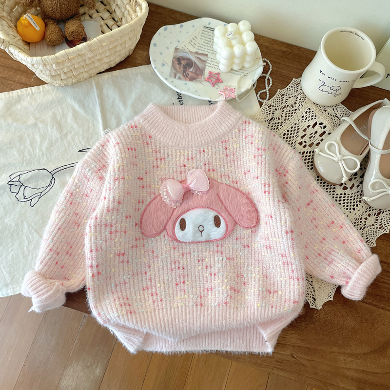 Pulover tricotat pentru fetițe, stil coreean, mâneci lungi, model desene animate, material din blană de iepure, pentru nou-născuți 0–12 luni