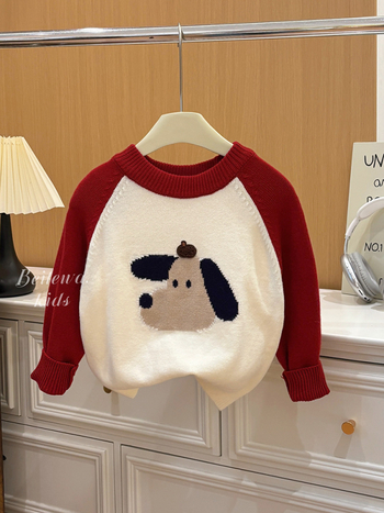 Pulover pentru copii, unisex, stil coreean, cu motiv câine, guler rotund, 65% bumbac.