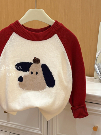 Pulover pentru copii, unisex, stil coreean, cu motiv câine, guler rotund, 65% bumbac.