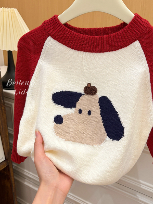 Pulover pentru copii, unisex, stil coreean, cu motiv câine, guler rotund, 65% bumbac.