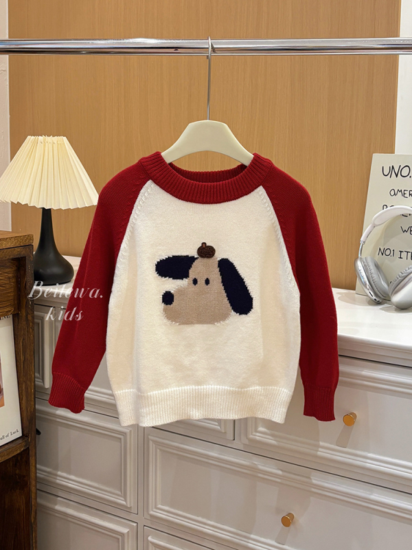 Pulover pentru copii, unisex, stil coreean, cu motiv câine, guler rotund, 65% bumbac.
