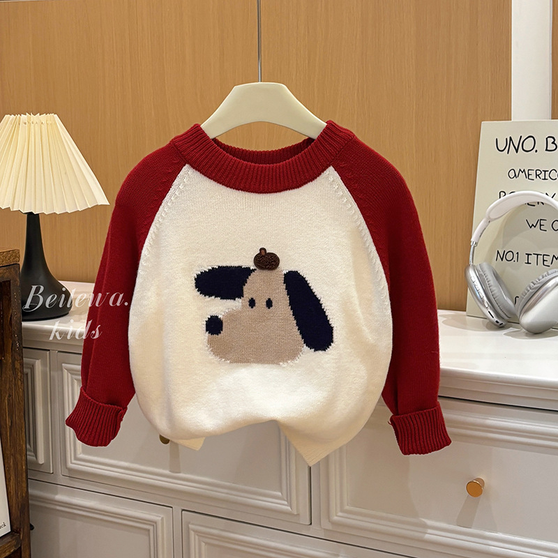 Pulover pentru copii, unisex, stil coreean, cu motiv câine, guler rotund, 65% bumbac.