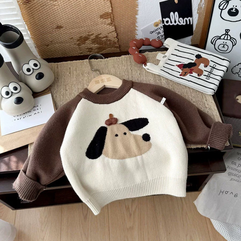 Pulover pentru copii, unisex, stil coreean, cu motiv câine, guler rotund, 65% bumbac.