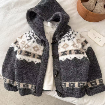 Cardigan pentru copii cu glugă și jacquard, 80% bumbac, atingere moale, mâneci lungi, pentru vârsta 3–8 ani