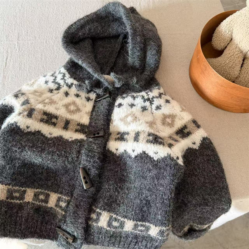 Cardigan pentru copii cu glugă și jacquard, 80% bumbac, atingere moale, mâneci lungi, pentru vârsta 3–8 ani