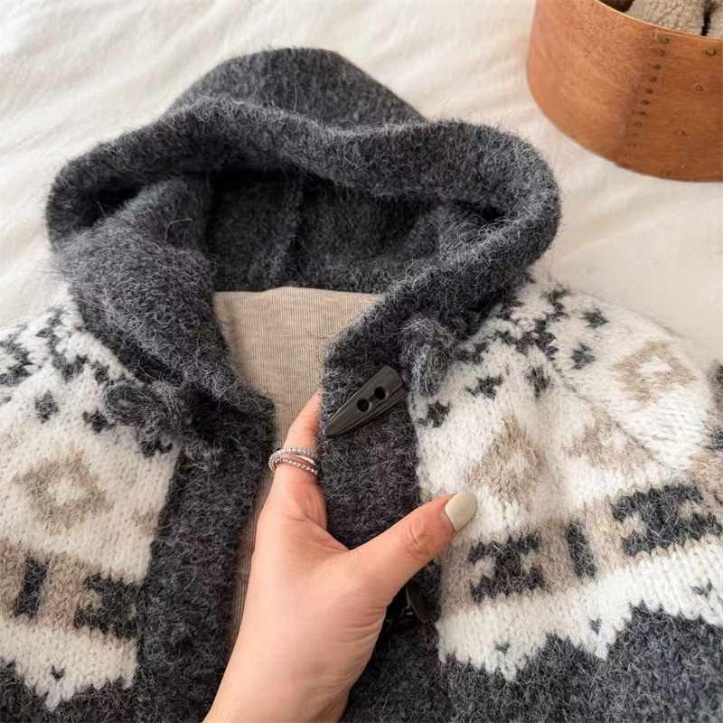 Cardigan pentru copii cu glugă și jacquard, 80% bumbac, atingere moale, mâneci lungi, pentru vârsta 3–8 ani