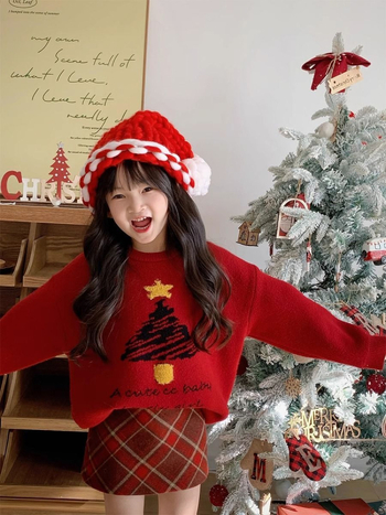 Set tricotat pentru copii din două părți: pulover cu mâneci lungi, jacquard brad de Crăciun și fustă în carouri, pentru nou-născuți 0–12 luni, iarnă