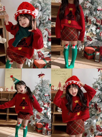 Set tricotat pentru copii din două părți: pulover cu mâneci lungi, jacquard brad de Crăciun și fustă în carouri, pentru nou-născuți 0–12 luni, iarnă