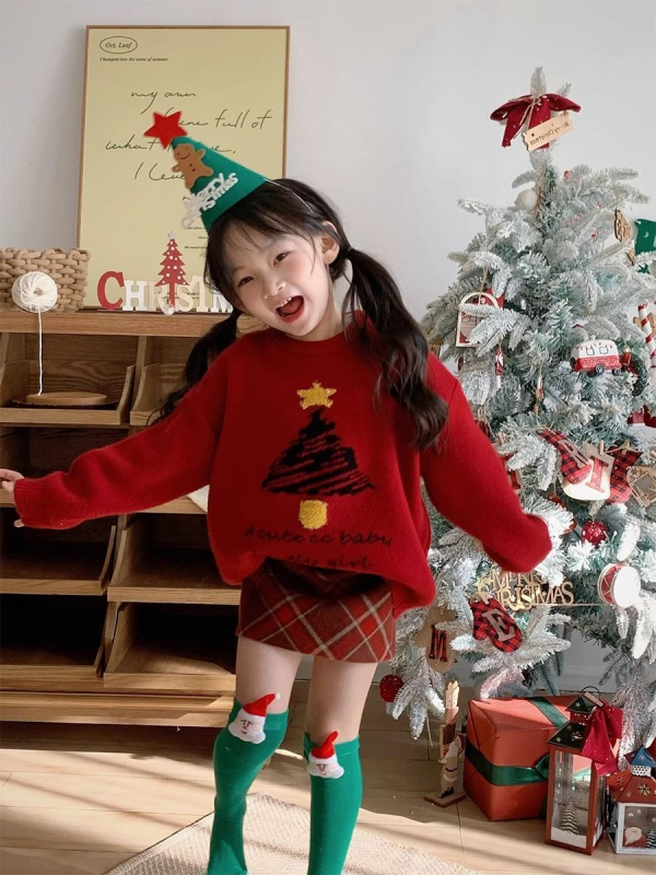 Set tricotat pentru copii din două părți: pulover cu mâneci lungi, jacquard brad de Crăciun și fustă în carouri, pentru nou-născuți 0–12 luni, iarnă