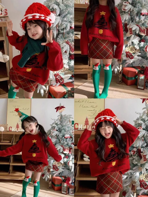 Set tricotat pentru copii din două părți: pulover cu mâneci lungi, jacquard brad de Crăciun și fustă în carouri, pentru nou-născuți 0–12 luni, iarnă