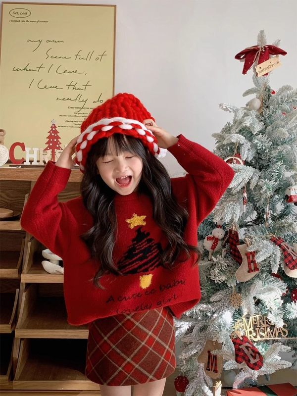 Set tricotat pentru copii din două părți: pulover cu mâneci lungi, jacquard brad de Crăciun și fustă în carouri, pentru nou-născuți 0–12 luni, iarnă