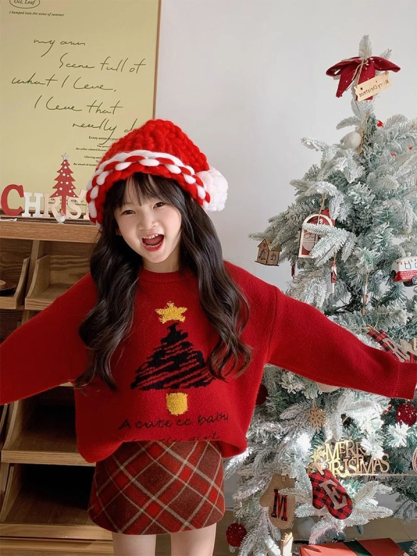 Set tricotat pentru copii din două părți: pulover cu mâneci lungi, jacquard brad de Crăciun și fustă în carouri, pentru nou-născuți 0–12 luni, iarnă