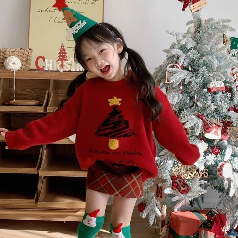 Set tricotat pentru copii din două părți: pulover cu mâneci lungi, jacquard brad de Crăciun și fustă în carouri, pentru nou-născuți 0–12 luni, iarnă