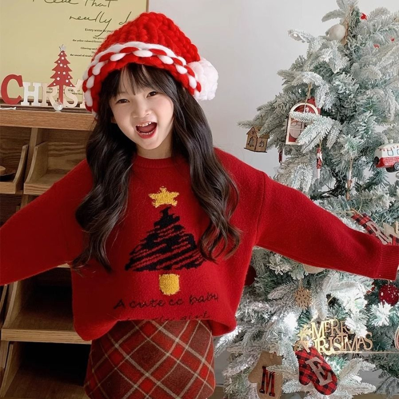Set tricotat pentru copii din două părți: pulover cu mâneci lungi, jacquard brad de Crăciun și fustă în carouri, pentru nou-născuți 0–12 luni, iarnă