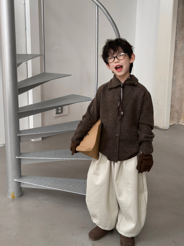 Pulover tricotat pentru copii, stil coreean cu guler polo, bumbac 95%, tricot gros, atingere moale, iarna 2025