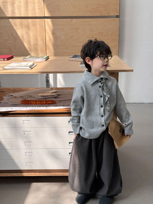 Pulover tricotat pentru copii, stil coreean cu guler polo, bumbac 95%, tricot gros, atingere moale, iarna 2025